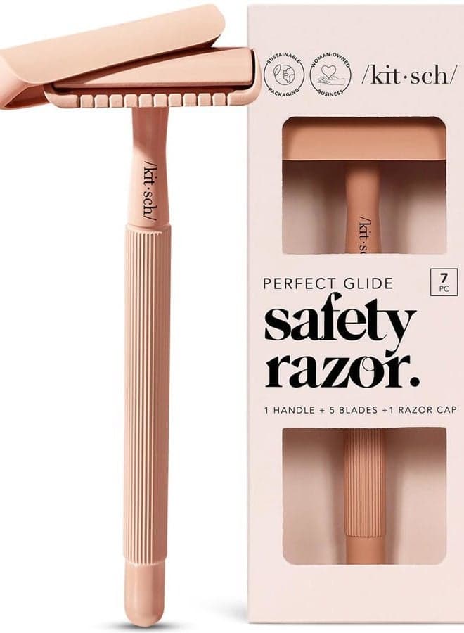 Double Edge Safety Razors for Women and Men, Long Metal Handle and Stainless Steel Single Blade Razor with 5 Double Edge Refills, for Shaving and Travel Essentials - Terracotta