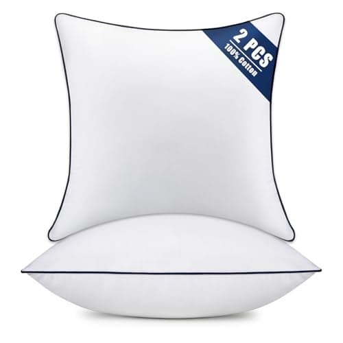 Throw Pillow Inserts Set of 2-Fluffy Square Cushions with 100% Cotton Covers-Decorative White Pillow Fillers for Sofa, Bed, Couch, Living Room, Indoor Hotel Pillows (14x14 Inch (Pack of 2)-Blue Edge)