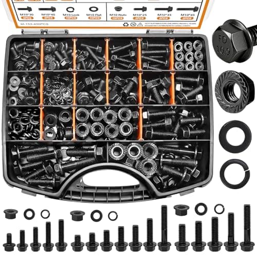 mankk 400PCS Metric Grade 10.9 Flange Bolts and Nuts Assortment Kit M6x1.0, M8x1.25, M10x1.5 (12mm to 45mm) Black Alloy Steel Class Hex Bolts and Nuts Washers Kit for Automotive