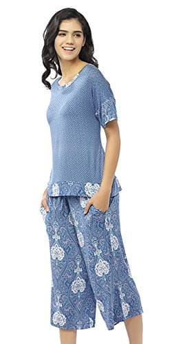 INK+IVY Pajamas for Women - Short Sleeve and Capri Pants PJ Set Loungewear, Casual Soft Breathable Sleepwear, Large, Bohemian Dusty Blue 2 Piece