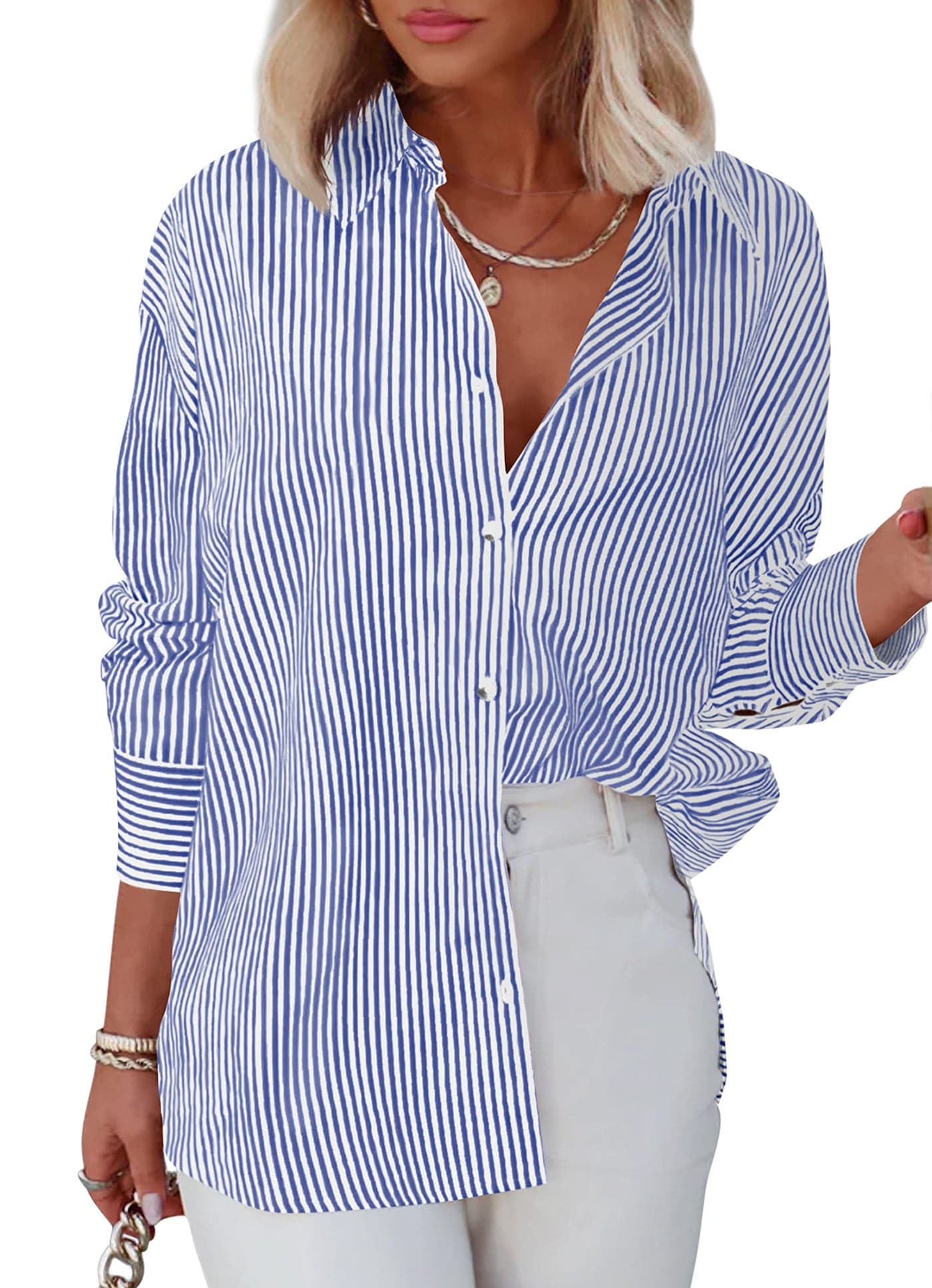Diosun Womens Striped Button Down Shirts Classic Long Sleeve Stylish Collared Office Work Blouses Tops (Small, Blue)