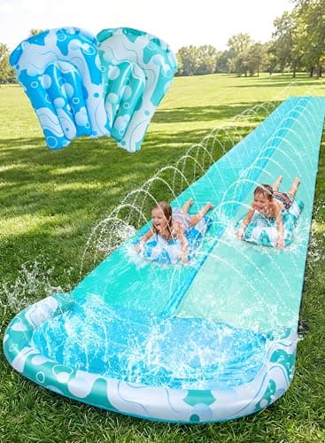 JOYIN 225FT Water Slide and 2 Inflatable Boards Extra Long Heavy Duty Double Lawn Waterslide with Sprinkler for Kids Adults Backyard Summer Water Toy Outdoor Fun Blue Light Blue