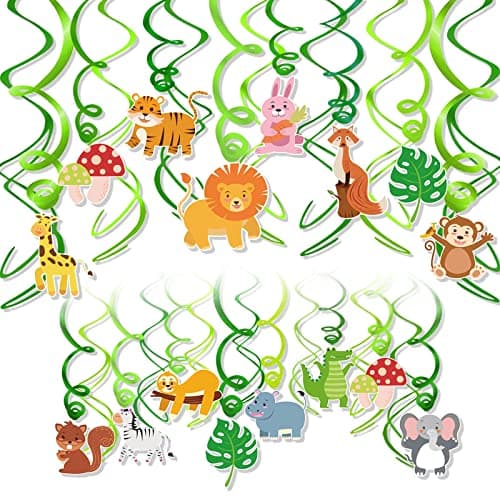 Festiko®12 Jungle Animals Hanging Swirl Decorations, Two Wild Birthday Decorations for Girls, Woodland Safari Theme Hanging Swirl Ceiling Streamers for Girls Jungle Animal 2nd Birthday Party Supplies