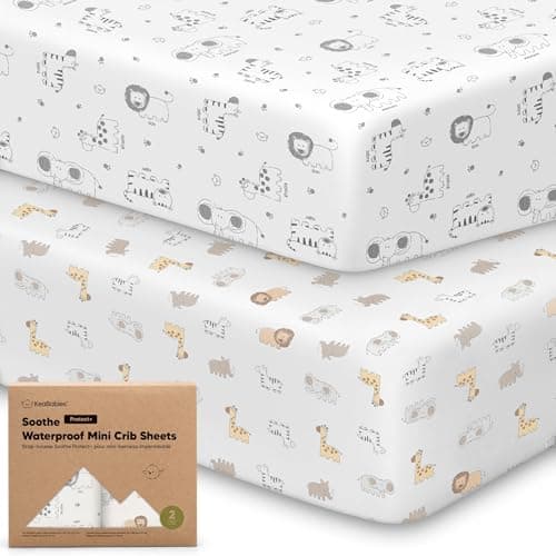 2Pack Pack and Play Sheets Waterproof Mini Crib Sheets Fitted Organic Cotton Pack N Play Sheets for Graco Pack and Play Mattress Playard Baby Crib Sheets Neutral for BoyGirlToddler KeaSafari