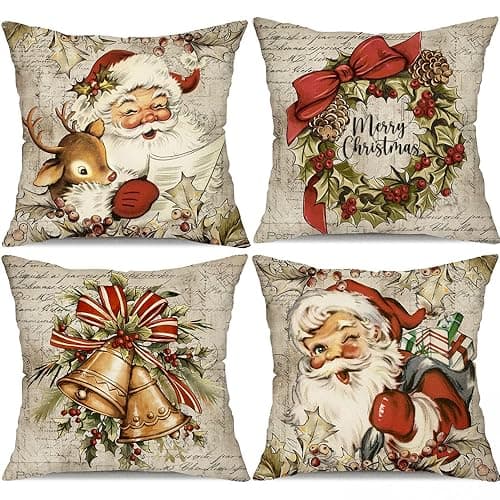 DFXSZ Christmas Pillow Covers 18x18 inch Set of 4 Santa Claus Reindeer Decorative Vintage Throw Pillow Covers Winter Retro Farmhouse Decoration for Home Couch BTHZ-140B18