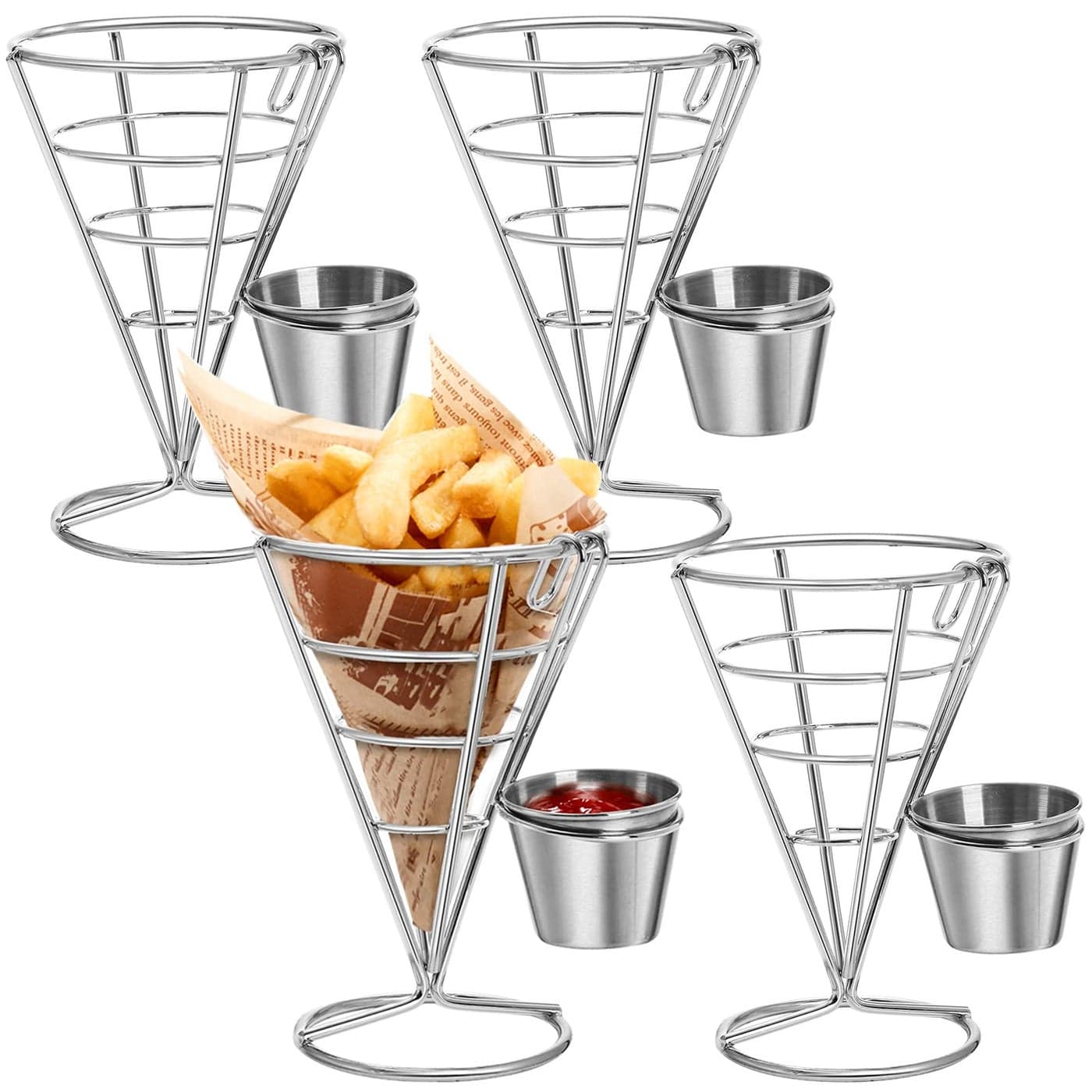 Peohud 4 Pack French Fries Stand Chip Cone Basket with Sauce Dipper Metal Wire French Fry Holder Fried Chicken Display Rack for Food Snack Appetizers Kitchen Restaurant Buffet Picnic Party