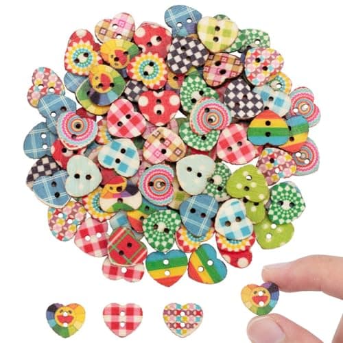 PH PandaHall 100pcs 13mm Heart Wooden Buttons 2 Holes Colorful Printed Heart Buttons for Sewing Fasteners Scrapbooking Crafts Crochet Manual Button Painting Handmade Ornament DIY Projects 15mm Hole