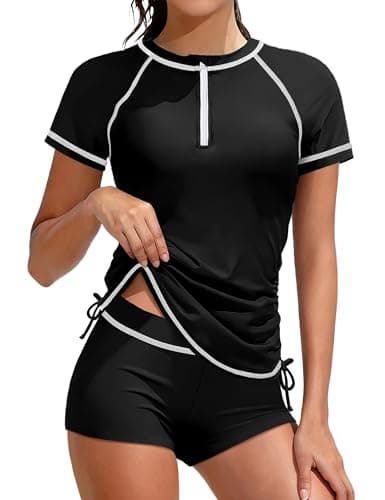 TyeSmo Girls Swimsuits Size 10-12 Rash Guard Swimsuit 2 Piece Girls Bathing Suits Size 10-12 Short Sleeve Solid Color Swimsuit for Girl 10 12 UPF 50+ Sun Protection Zip Padded Swimwear with Shorts