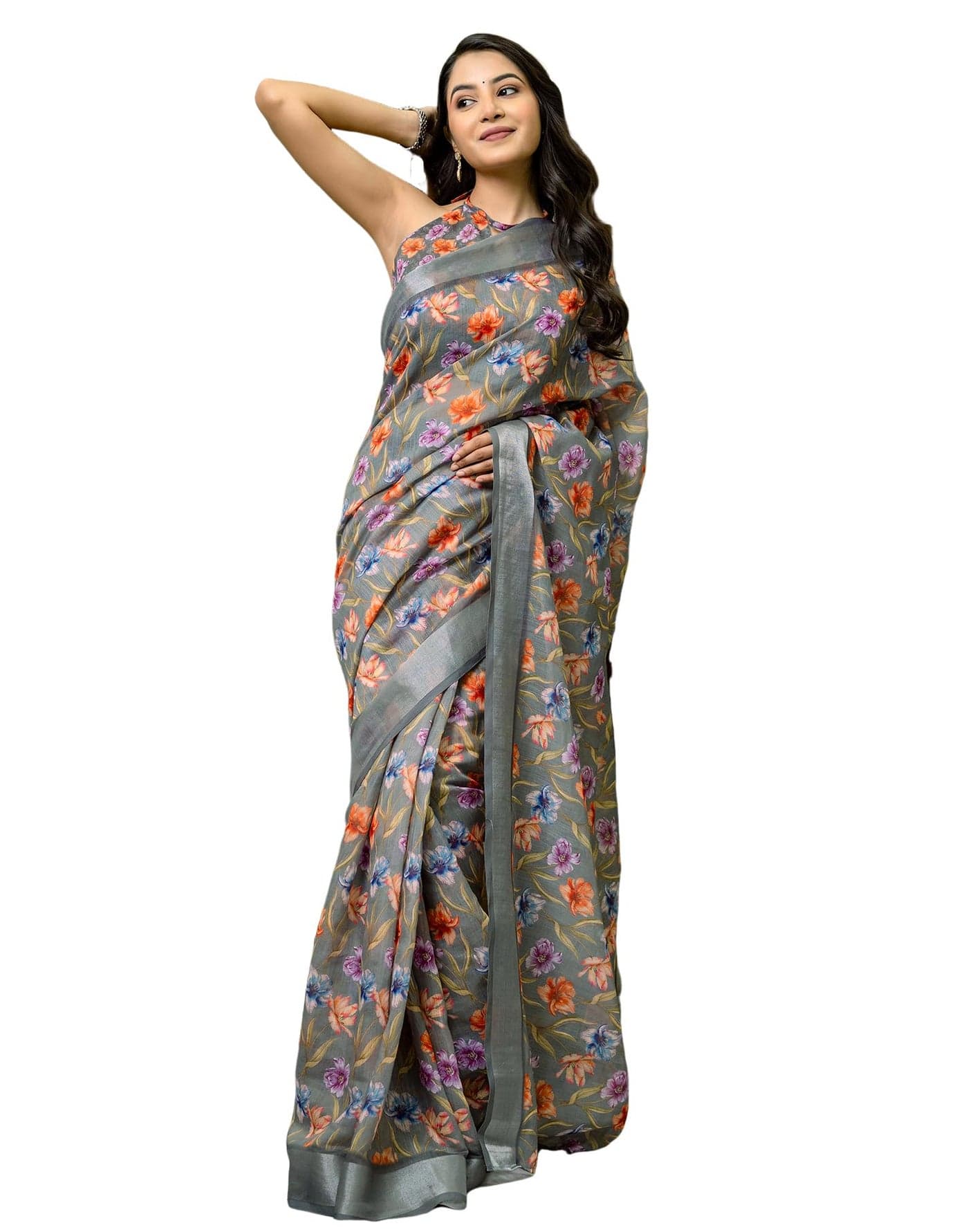 SIRIL Women's Cotton Linen Printed Ready To Wear Saree with Unstitched Blouse Piece (53RS126_Grey)