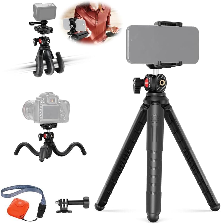Tripod for iPhone with Remote, Flexible Mini Phone Tripod Stand, Vlog Selfie Stick with Phone Holder & Camera Adapter, Compatible for iPhone GoPro Samsung Digital Camera