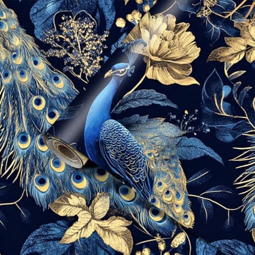 HOMETITUTE Peacock Peel and Stick Wallpaper, Blue Gold Floral Removable Self Adhesive Wall Paper for Bedroom Living Room, Decorative Wallpaper for Walls Cabinets Furniture 15.7" x 39.4"