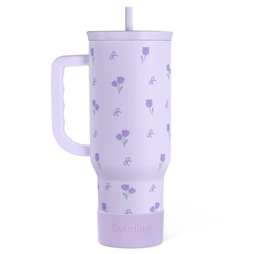 Floral 40oz Tumbler with Handle and Straw Tulip Insulated Stainless Steel Travel Coffee Mug for Women Girls Floral Gift Idea for Birthday Christmas Mothers Day