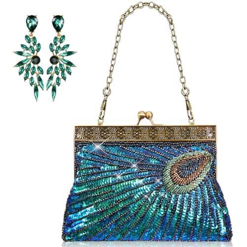 SilTriangle Peacock Purses & Clutch Bags - Dangle Earrings & Women's Evening Handbags for Parties & Wedding (Green)
