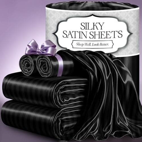 DECOLURE Satin Bed Sheets - 4 Piece Luxury Silky Queen Size Bedding Set - Softer Than Silk, Wrinkle-Free with 15” Deep Pocket Fitted Sheet, Perfect for Hair & Skin, Gifts for Women (Striped Black)