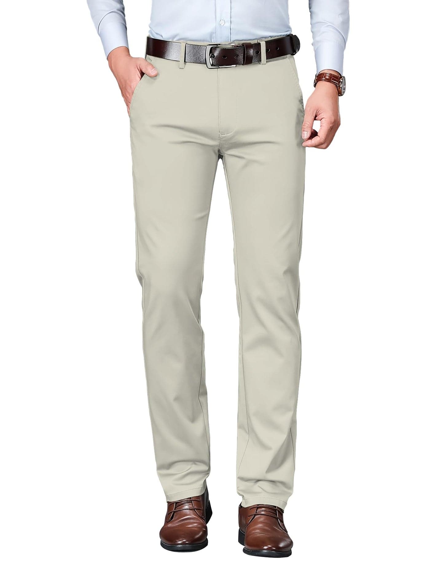 AVANOVA Men's Beige Solid Trousers Light Business Style Slightly Stretch Straight Leg Pants for Outdoor Casual Daily (Trouser 127 Beige-34)