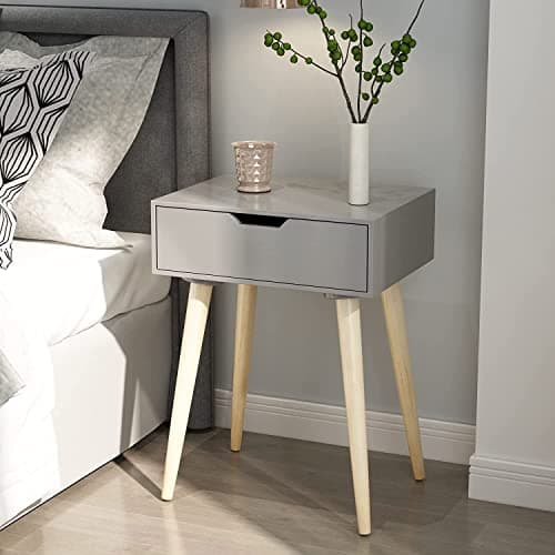 DDS Dream Decor Shoppee Nightstand End Side Table Drawer and Solid Wood Legs Bedside Table for Bedrooms, Mid-Century Modern Storage Cabinet for Living Room Furniture (Grey)