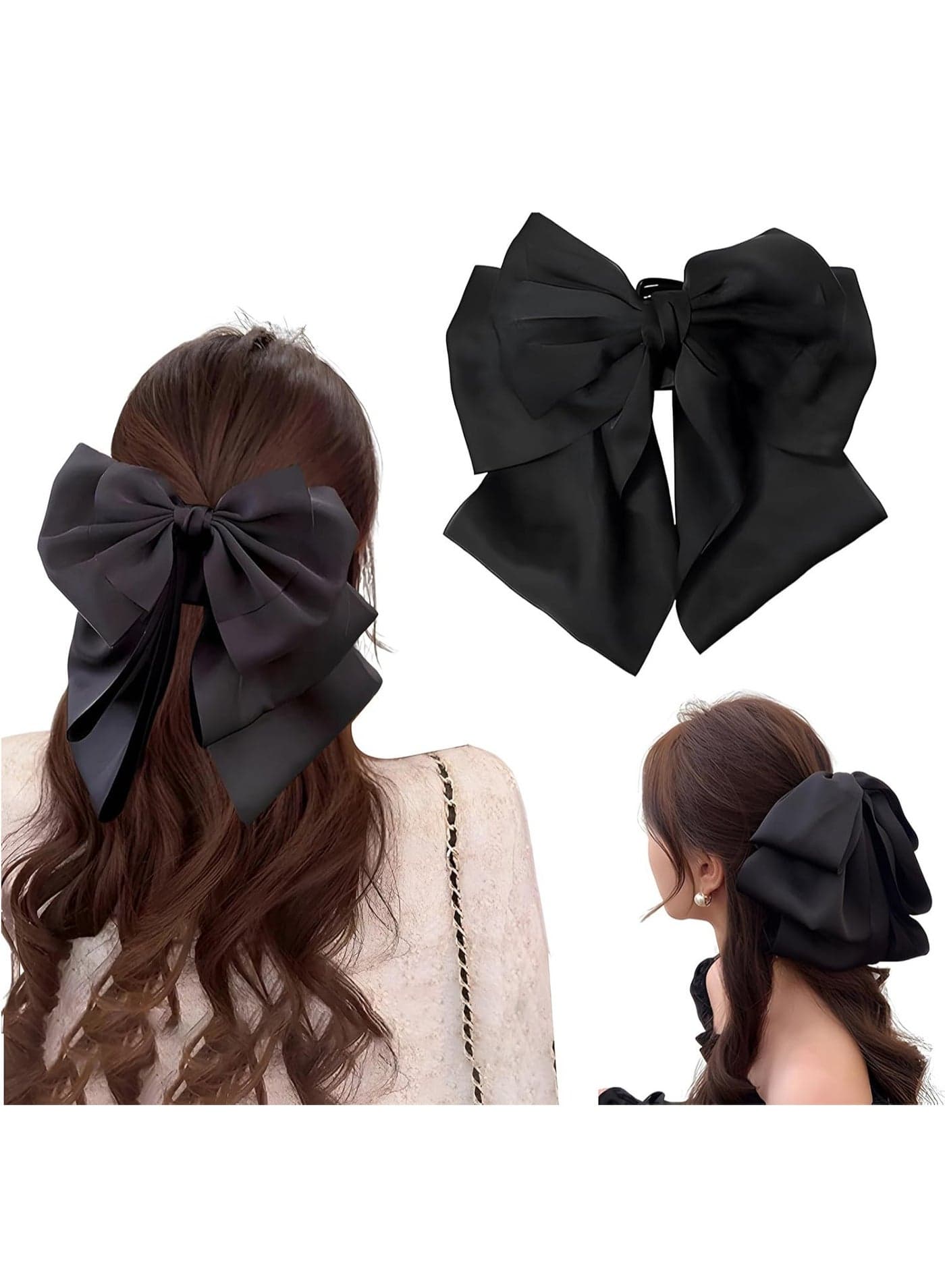 Big Bow Hair Clips Large Black Bowknot Hair Claw with Long Tail Satin Silk Butterfly Bow Hair Barrette Hair Accessory for Women Girls