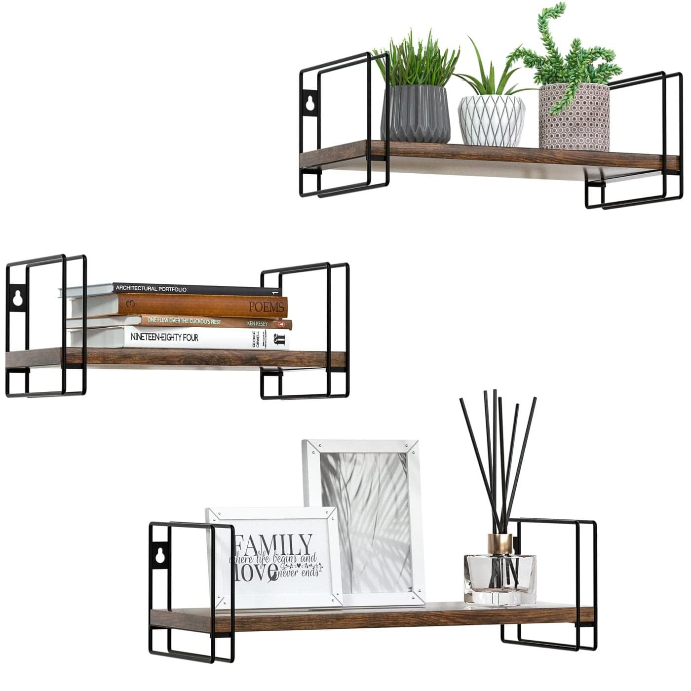 J JACKCUBE DESIGN Torched Wood Floating Shelves Set of 3 Wall Mounted Hanging Shelves with Black Wire Frames for Bedroom Living Room Kitchen Bathroom and Office MK696B