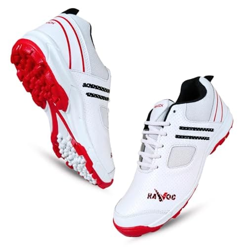 Prokick Havoc Cricket Shoes for Men and Women|Lightweight & Durable Cricket Shoes|PVC Studs Spikes Sports Shoe for Unisex|Synthetic Leather Upper Sports Shoes|EVA Sockliner, White/RED/Black-9 UK