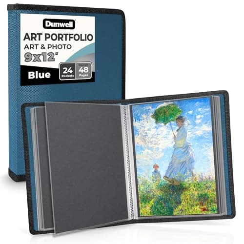 Dunwell Art Portfolio 9x12 Folder Blue Black Mounting Paper Portfolio Binder for Artwork 9 x 12 Art Folder 24 Pockets Display 48 Pages AcidFree Poly Presentation Book