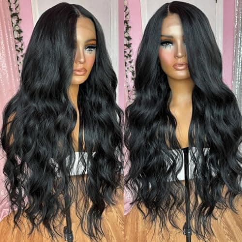 Seykiki Black Wigs for Women Synthetic Lace Front Wig Pre Plucked With Baby Hair 26 Inch Long Wavy Middle Part Wig 13x4x1 Glueless Wig Ready to Wear