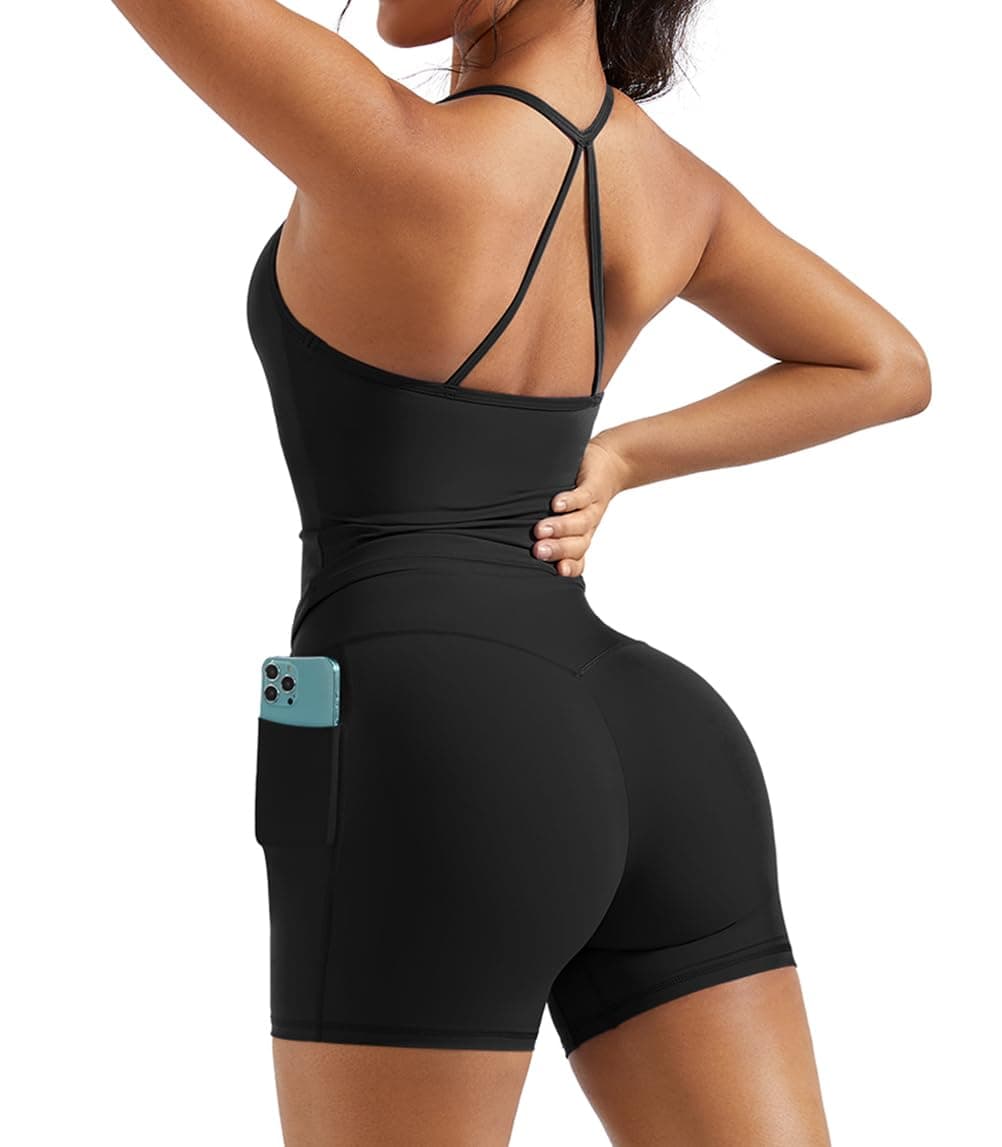 OMKAGI 2 Piece Workout Sets for Women Padded Sports Bra Tank Booty Gym Shorts with Pockets(S,284-Black)