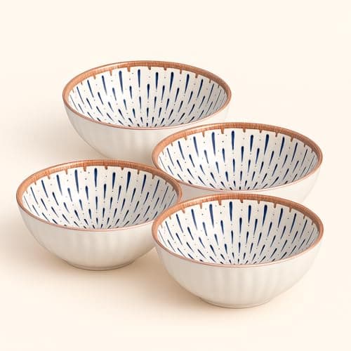 YELONA Ceramic Bowls Set of 4 | 300ml Hand-Painted Japanese Style Rice/Soup Bowls | Microwave & Dishwasher Safe | Blue Droplet Pattern | Lead-Free Porcelain | 11.5cm Diameter