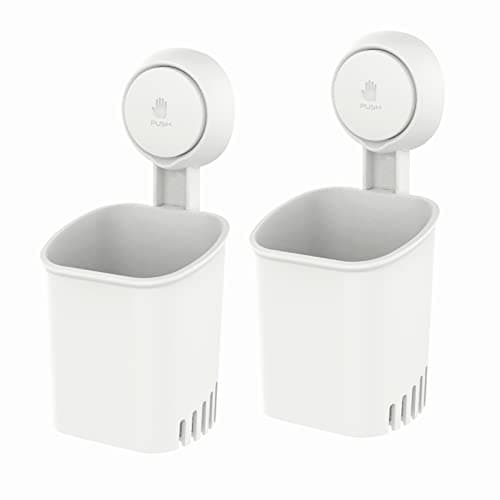 LEVERLOC Powerful Suction Toothbrush Holder, Removable Drill-Free Wall Shower Holder for Toothbrush, Toothpaste, Razor, Self-draining Suction Cup in Shower, Kitchen Tableware Organizer, White, 2 Pack