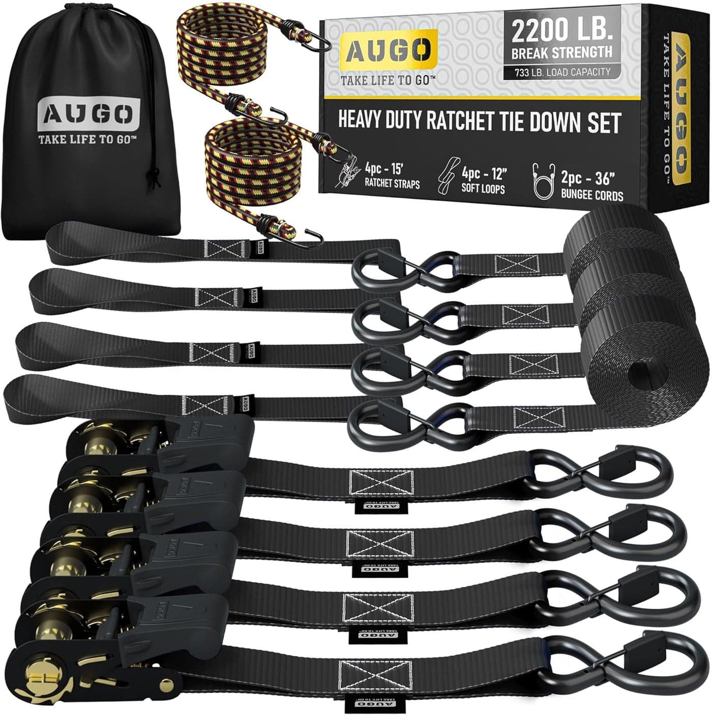 AUGO Heavy Duty Ratchet Tie Down Straps Set - 4 Pack, 15 FT, 2200 LB Break Strength