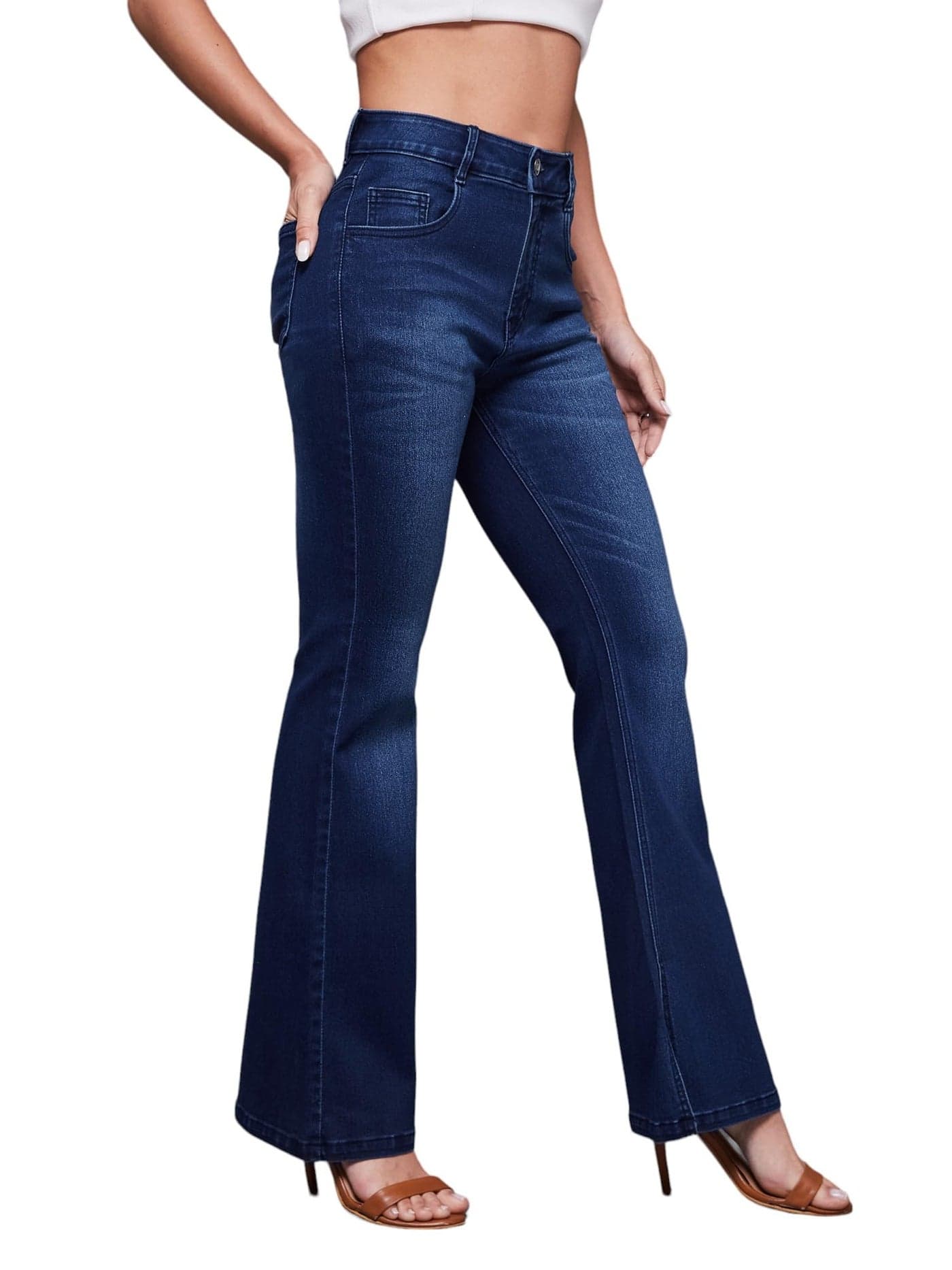 Miss Chase Women's High Rise Regular Length Stretchable Flared Denim Jeans (MCSS18DEN02-19-319-26, Midnight Blue, 34)