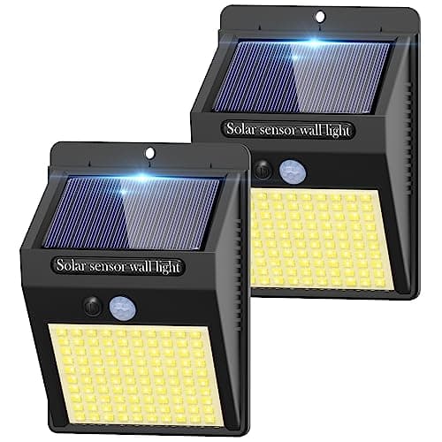 2 Pack Outdoor Solar Motion Lights - 3 Modes/100LED Wireless, IP65 Waterproof Solar Security Lights with Motion Sensor for Front Door, Backyard, Garage, Deck (Warm White)