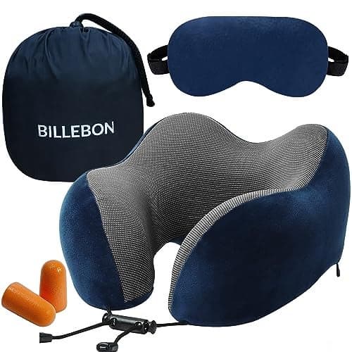 Billebon Premium Memory Foam Travel Neck Pillow Combo with Soft Eye Mask, Carry Bag, and Ear Plugs (Navy Blue with Eye Mask)