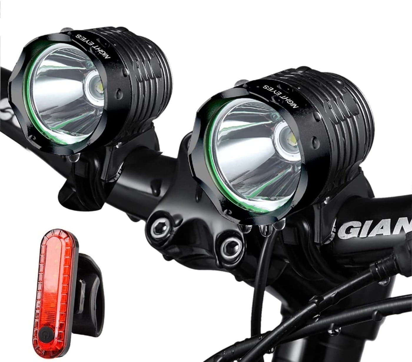 Night Eyes- Mountable 1200 Lumens Mountain Bike Headlight Bike LED Light -Rechargeable 8.4V 8800mA ABS Waterproof Battey-Free Aluminum BikeTaillight Bonus -NO Tool Required (2PACK Black)