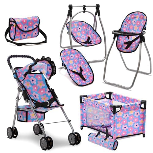 Baby Doll Stroller Bed and Swing Nursery Playset Baby Doll Accessories Furniture Set Convertible High Chair Diaper Bag Role Play Deluxe Blue Doll Set
