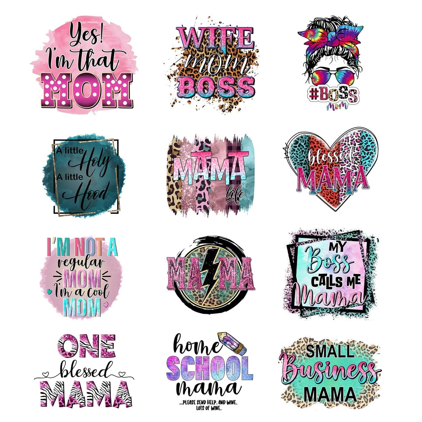 12Pcs Wife Mom Boss Iron On Decals for Clothing Mama Iron On Patches Washable DIY Heat Transfer Stickers for TShirt Jeans