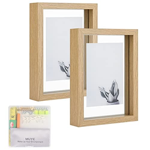 MUYE 5x7 Floating Frame Set of 2,Double Glass Rustic Photo Frame for Wall Hanging or Tabletop Standing,Also Display 4x6 or 3x5 Photo for Floating Effect,Natural