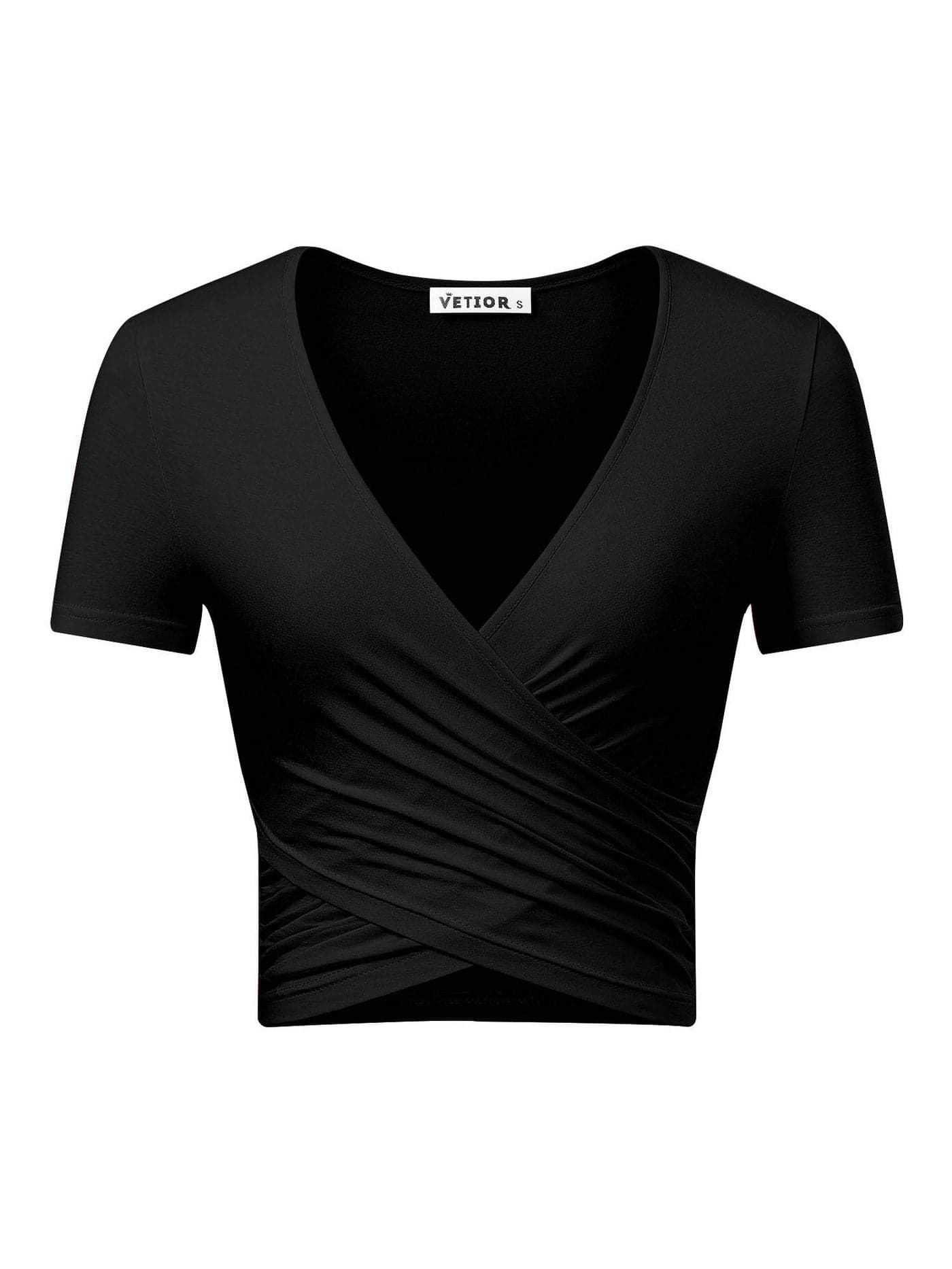 VETIOR Going Out Tops Wrap Short Sleeve Sexy Crop Tops for Women Summer Tops for Women 2022 Black Crop Top V Neck M Black