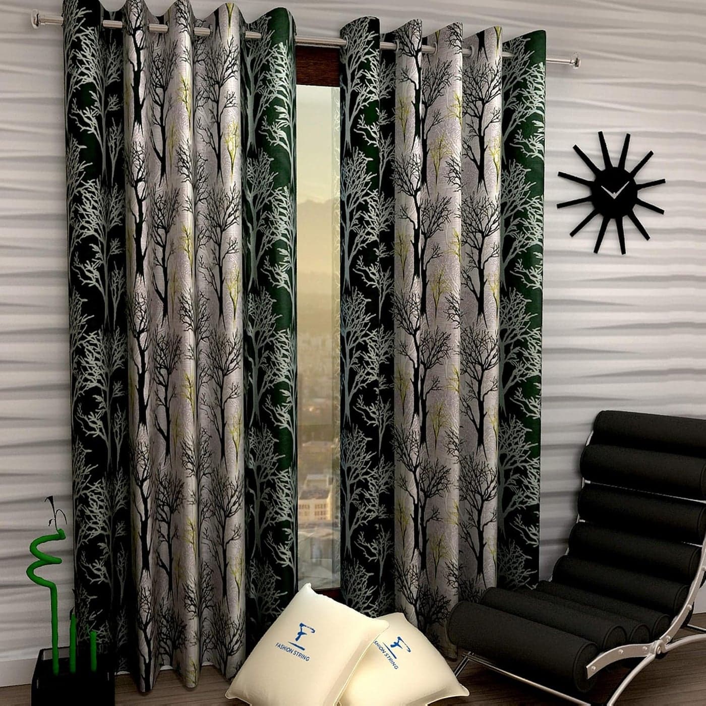 Fashion String Polyresin Door Curtain Set 7 Feet Long Green 2 PiecesLined Washable Semi Sheer Grommet