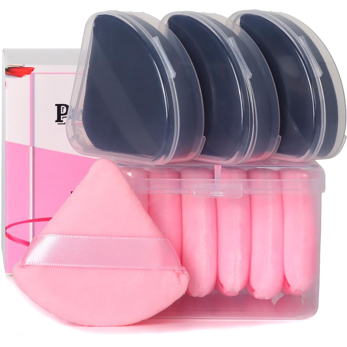 Ocim 10Pcs Triangle Powder Puffs for Face PowderSoft Velour Triangular Beauty PuffMakeup PressedBaking Setting Powder Sponge Applicator Pads with CaseBlackPink