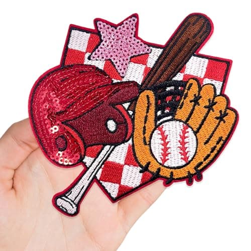 CY Embroidered Applique Baseball Cap Iron On Patches Cute League Gloves bat Sequin Star Funny DIY Craft Accessories for Clothing Backpacks Jackets Bag HatsRed