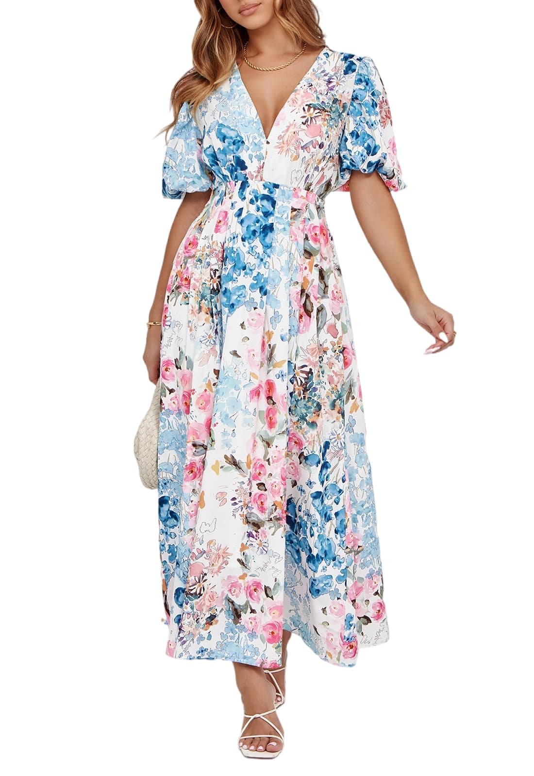 Maxigerui Women's Floral Maxi Dress Summer Fall Wedding Guest Dress Pink Blue Multi Floral XL