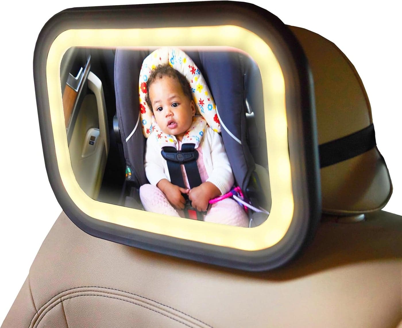 GoldBug Glow Mirror Wide Clear View Baby Car Mirror for Rear Facing Seat with 13 LED Colors 3 Adjustable Brightness Remote Control Shatterproof 360 Pivot Compatible with Most Car Seats