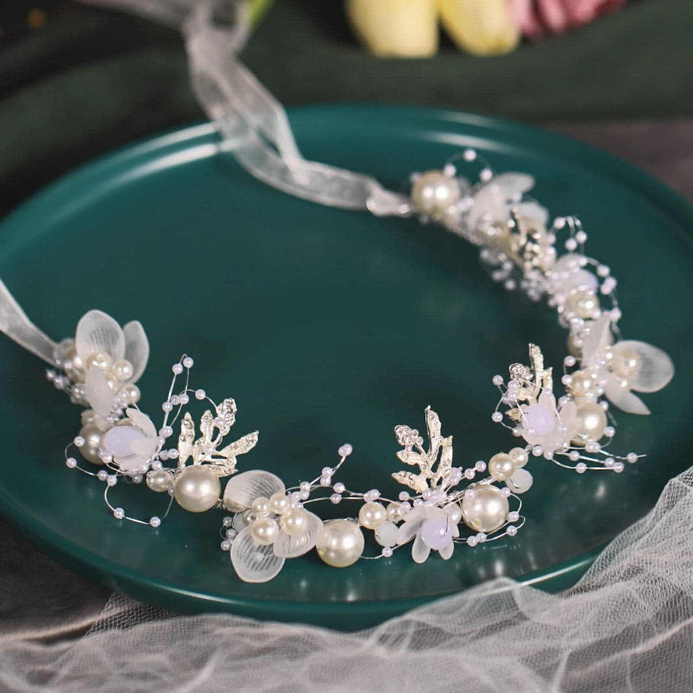 Girls Fashion Flower Headpiece White Pearl Headband Princess Bridal Wedding Hair Accessory Silver