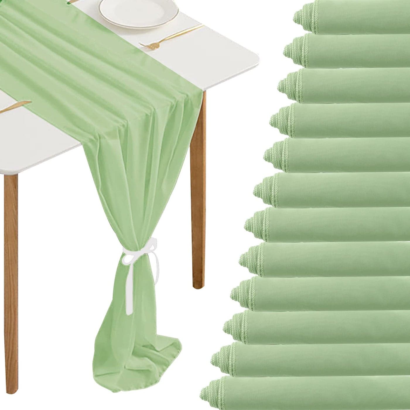 Fivenl 12 Packs 10Ft Chiffon Table Runner Sage Green Table Runner Romantic Sheer Table Runner for Wedding Birthday Party Bridal Baby Shower Table Decoration 12 x 120 Sage Green