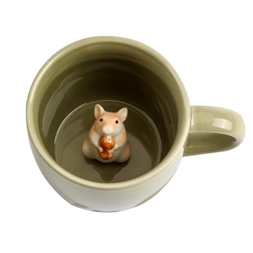 Ewaymado Hamster Ceramic Mug Hidden 3D Animal Inside Cup,Handmade Animal Figurine Teacup,Christmas,Birthday,Mother's Day Gifts for Friends Family or Kids (Sage Green Hamster)