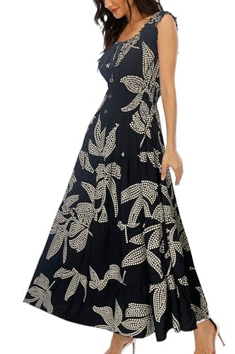 OSTOO Women's 2025 Summer Boho Floral Print Tiered Casual Flowy Long Maxi Dress(Black,L)