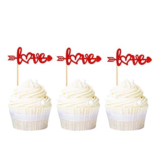 Festiko®24 Pack Love Cupcake Toppers with Arrow Red Glitter Sweet Valentine's Day Cupcake Picks Wedding Engagement Bridal Shower Birthday Party Cake Decorations Supplies