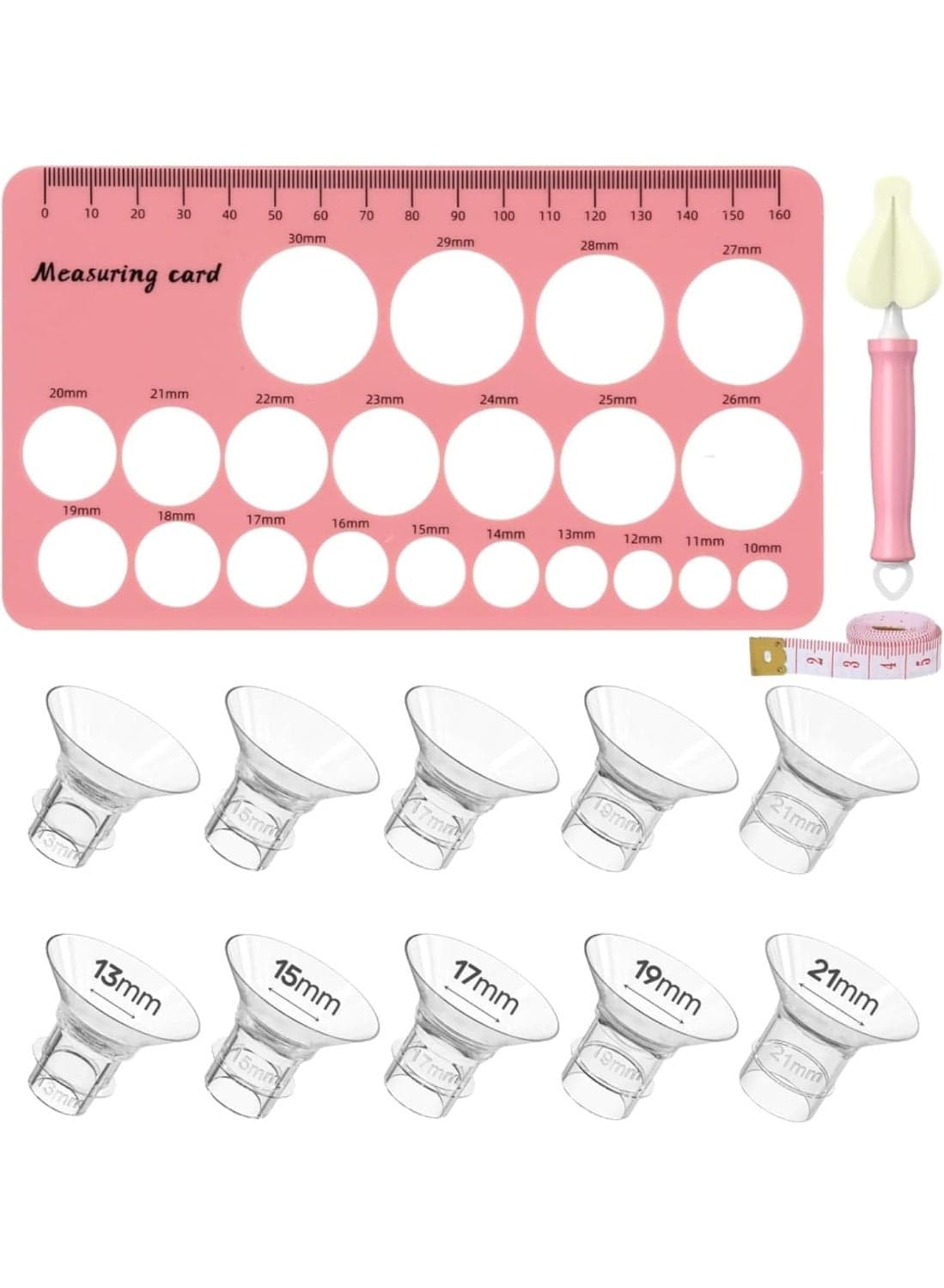 Silicone Flange Insert, 13PCS Flange Sizing Kit 13/15/17/19/21MM, Teat Hole Tester, Food-Grade Pacifier Measurement Card, Cleaning Brush&Tape Measure, Pumping Essential Kit for Moms