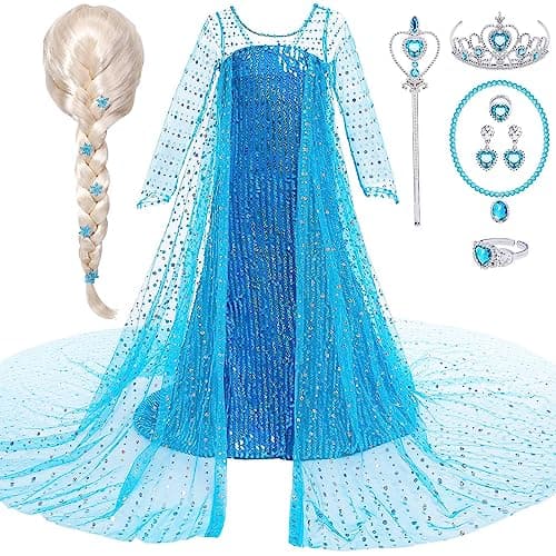 G.C Girls Princess Dress Costume Princess Dress Up Clothes with Long Cape Kids Toddler Wig Crown Wand Jewelry Necklace Accessories Halloween Cosplay Birthday Party Supplies