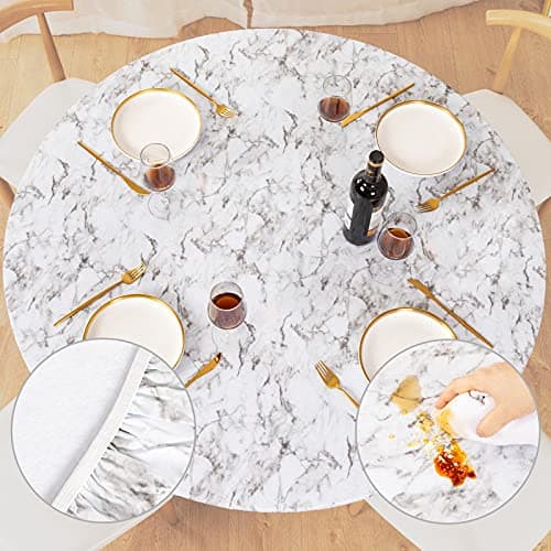 UMINEUX Round Fitted Vinyl Tablecloth with Elastic Edged Flannel Backing Waterproof Wipeable Round Table Cover for Indoor Outdoor Patio Use Fits Tables up to 40 44 DiameterWhiteMarble